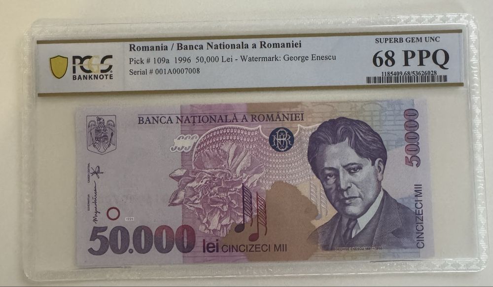 50000 lei 1996 PcGs68 UNC bancnota gradata