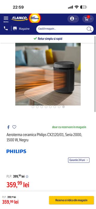 Aerotermă Philips Compact CX2120/01, Seria 2000, 1500 W, Negru