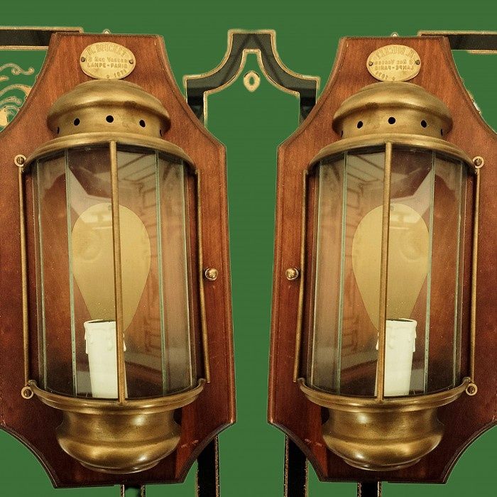 Set de 2 superbe aplice din alama pe suport din lemn masiv și sticla,s