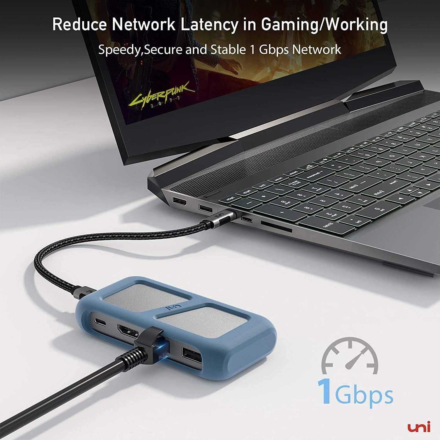 uni USB-C 8-in-1 Hub със снемаем USB-C кабел