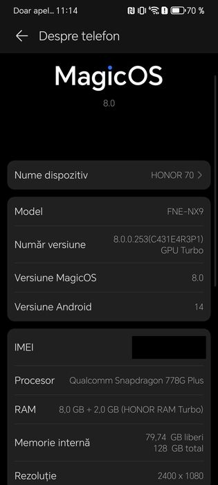 Honor 70 5G 128 GB – stare excelentă, OLED 120 Hz, încărcător original