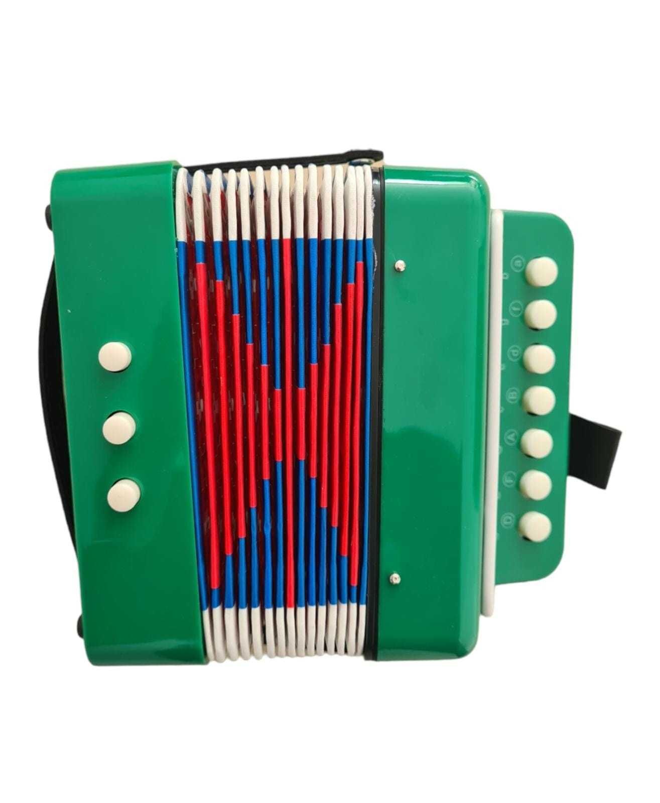 Acordeon pentru copii, 7 clape, 3 basi, 19 cm x 18 cm x 11 cm, Verde