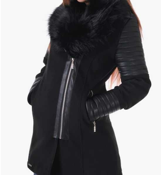 Palton elegant pentru femei, cu guler din blanita neagra detasabil