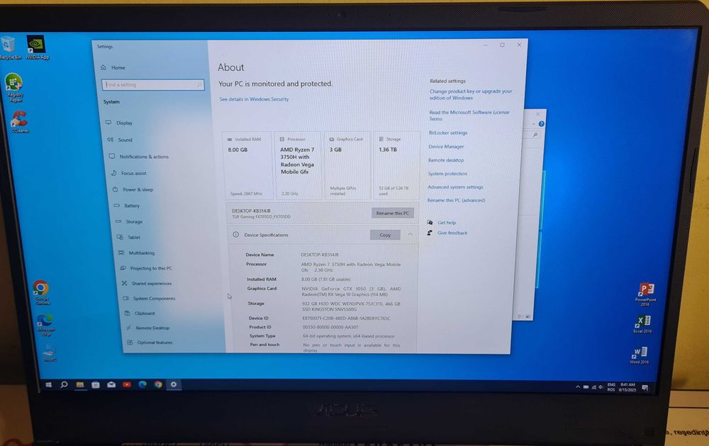 Laptop Asus TUF Gaming FX705DD AMD Ryzen7-3750H/ GTX 1050 3GB