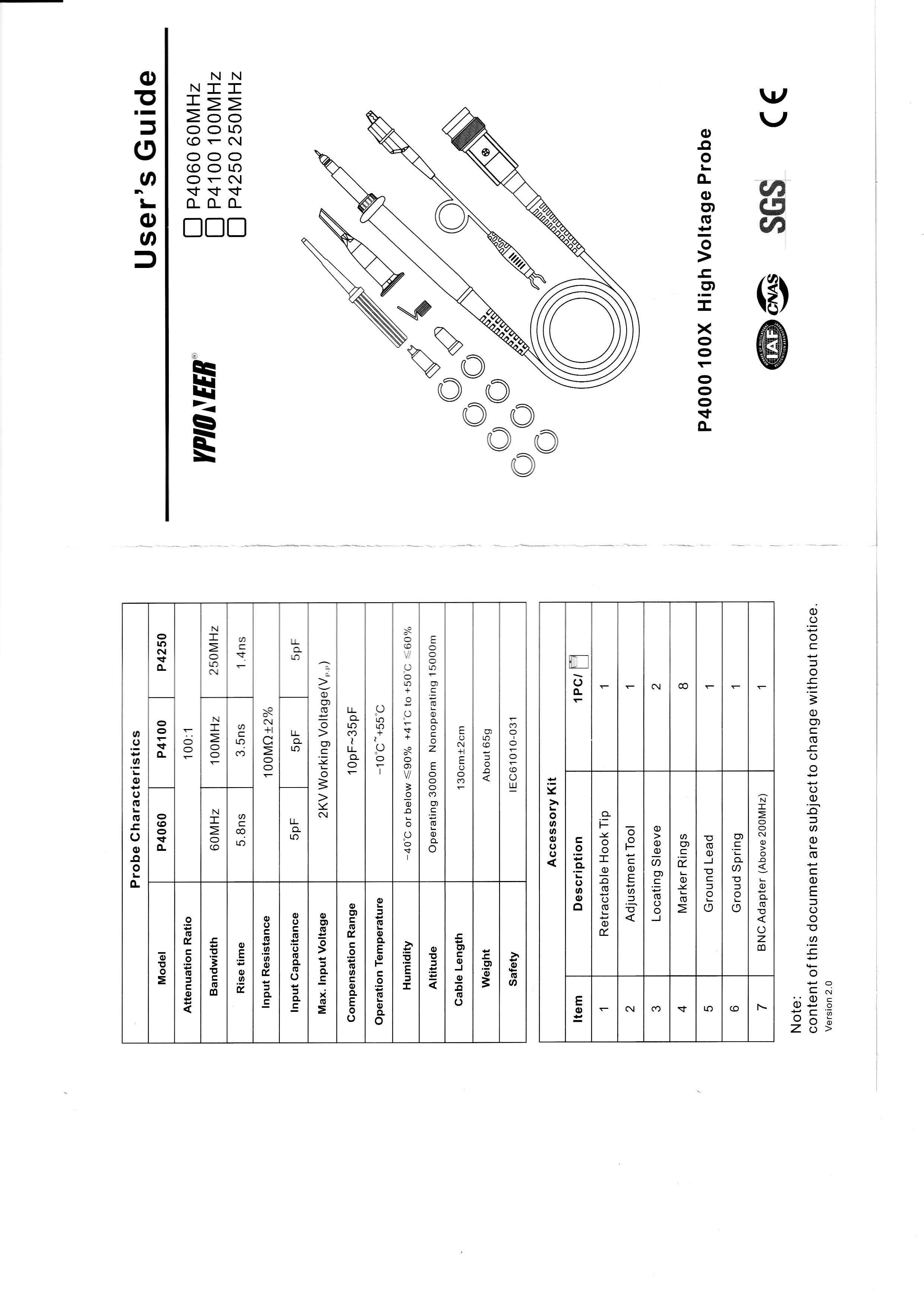 Sondă de osciloscop, înaltă tensiune 100: 1/( 2 Kv) /100 Mhz