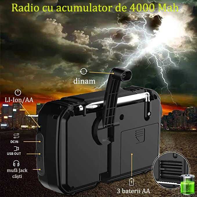 Radio Portabil Camping, cu Incarcare Solara, Baterie 4000 mAh