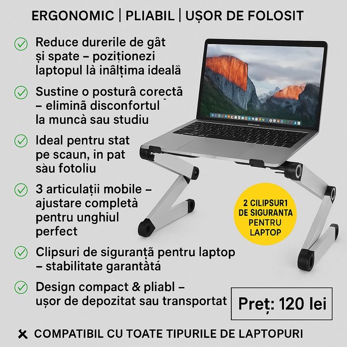 Masă Laptop Reglabilă | Suport Ergonomic Pliabil | Ideal pentru Pat sa