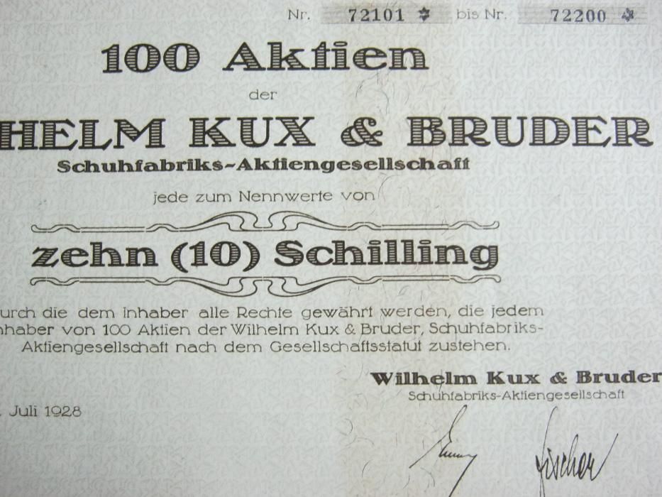Actiune,bilete,coala 100 active,WILHELM&KUX,fabrica pantofi,Wiena,1928