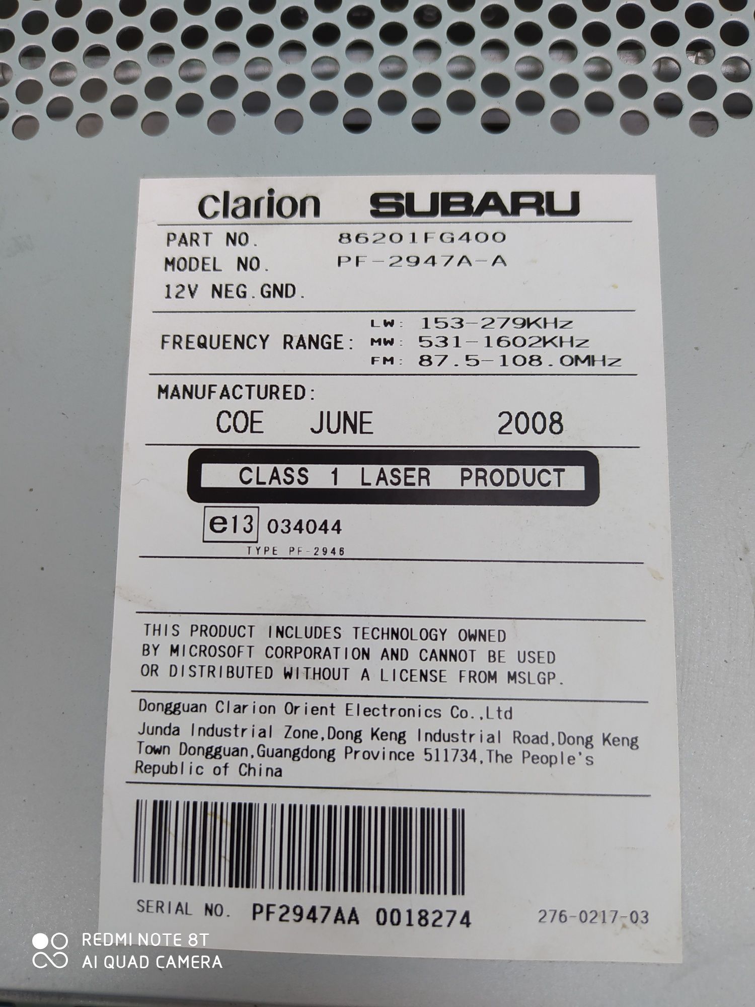 Clarion SUBARU PF-2947A-A MP3 плейър