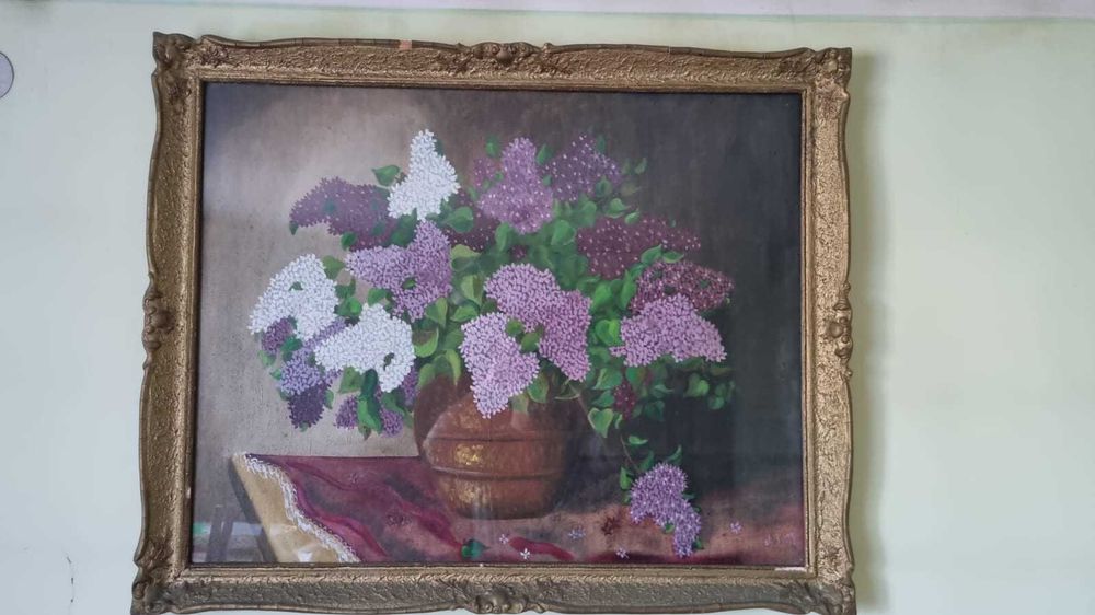 Tablou ulei pe pânză, buchet de liliac în vază