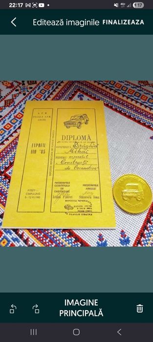 Lot obiecte ARO, Placheta și diploma,expoziția filatelica,Expofil 1985
