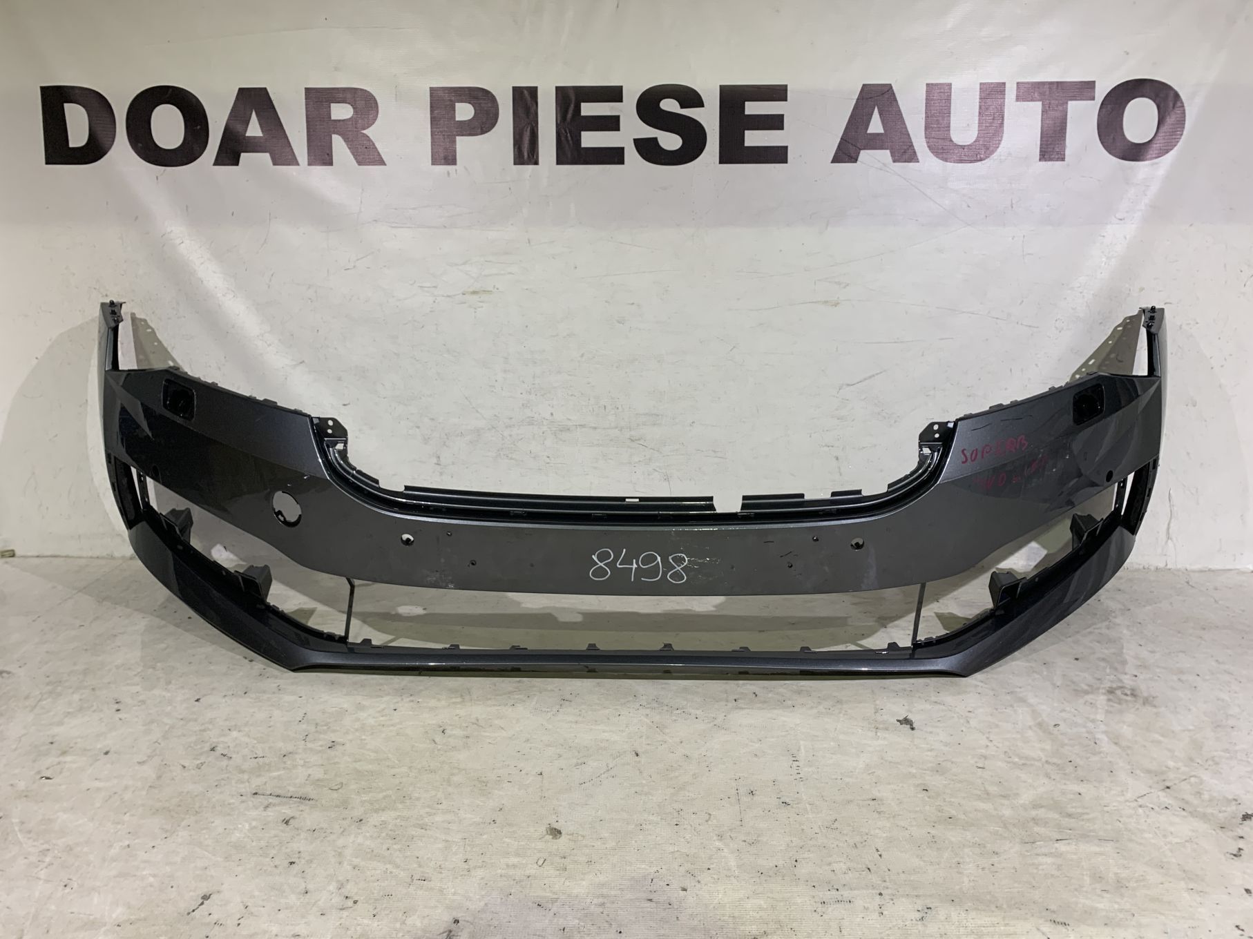 Bara fata Skoda Superb 3, facelift, 2019, 2020, 2021, 2022, 2023, cod origine OE 3V0807221M, cu gauri pentru spalatori faruri si senzori de parcare (4).