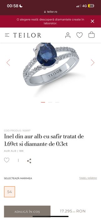 Inel Teilor aur 14k, diamante și safir 1,56ct , marimea 48