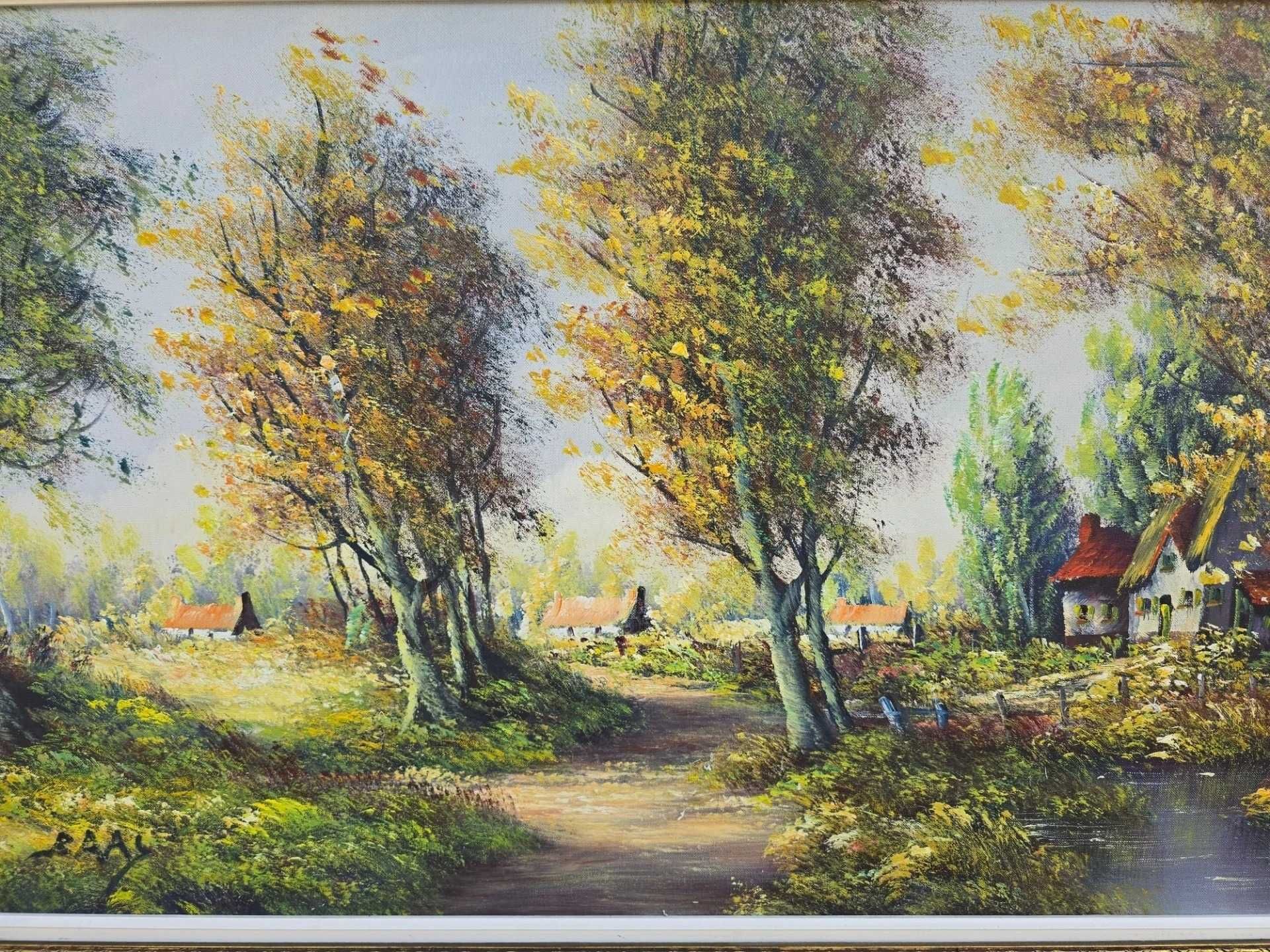 – Tablou peisaj rustic cu ramă aurie ornamentată