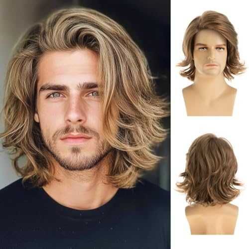 Нова Мъжка перука къса вълниста кафява естествена визия за парти сцена