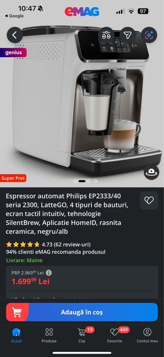 Philips - Aparat de cafea espresso complet automat LatteGo EP2333/40