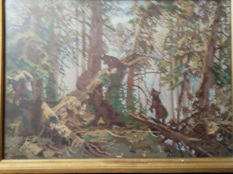 Изображение представляет собой вышивку или гобелен, основанный на изве