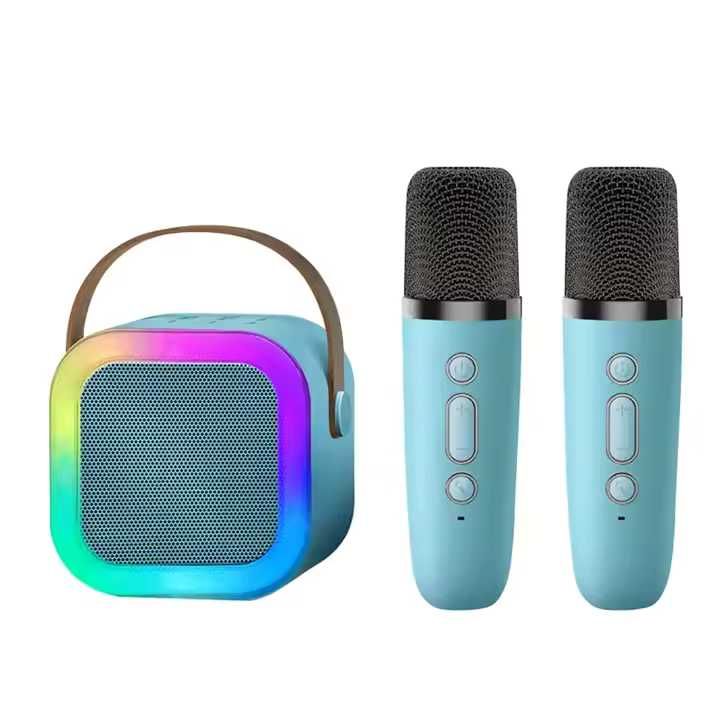 Set karaoke wireless cu boxa Bluetooth, 2 microfoane, USB,FM,roz,bleu