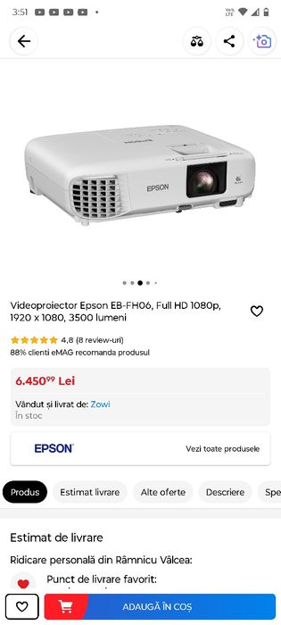 Videoproiector Epson EB-FH06, Full HD 1080p, 1920 x 1080, 3500 lumeni