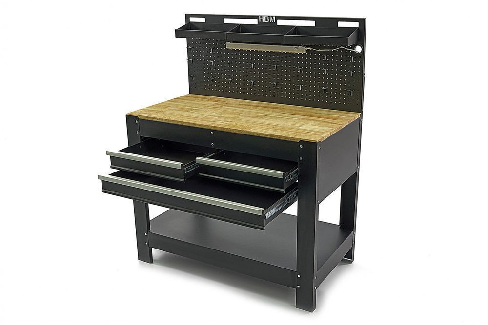 Banc de lucru metalic profesional 3 sertare, blat lemn masiv, panou il