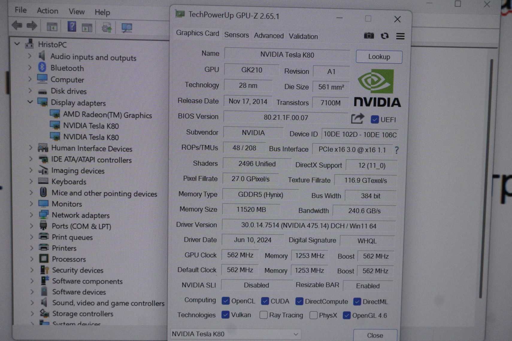 Сървърна карта (AI GPU) Nvidia Tesla k80 2496x2 CUDA cores, 24GB VRAM