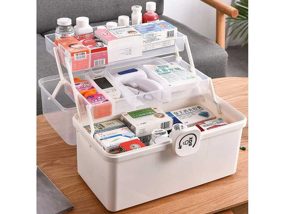 Organizator medicamente cu maner si inchidere sigura alb 34x22.5x22 cm