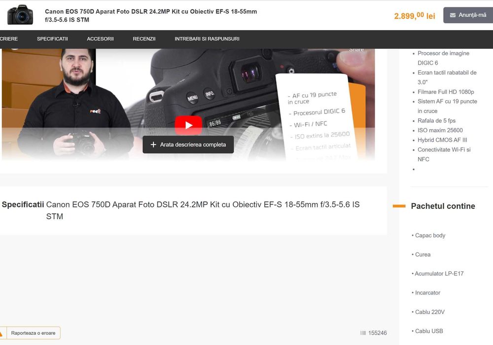 CANON 750D + cu WiFi si TouchScreen stare foarte buna