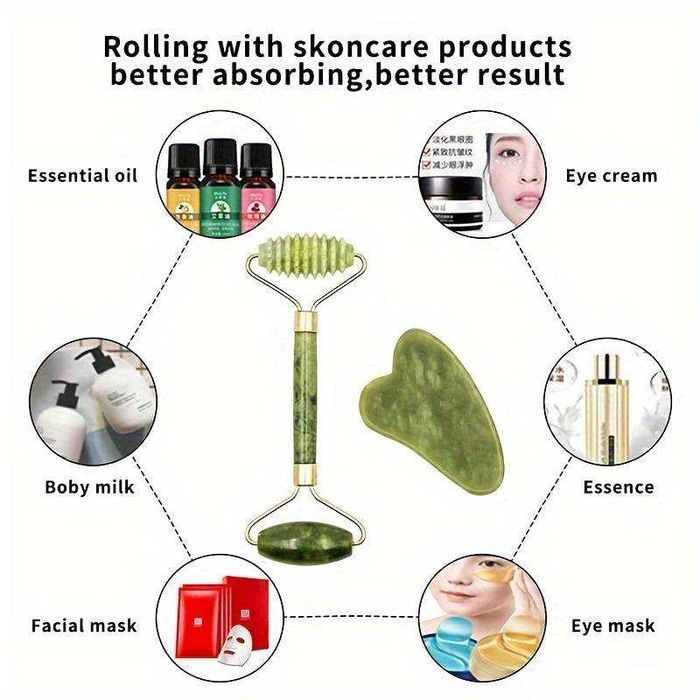 Set din 3 piese de jad pentru masaj complet GUA SHA facial si corp