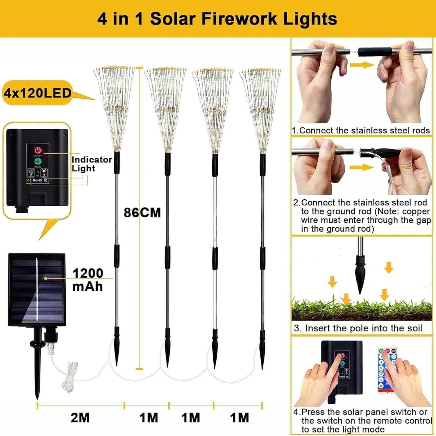 Соларни градински лампи Joycome 4 x 120 LED слънчеви коледни украси,