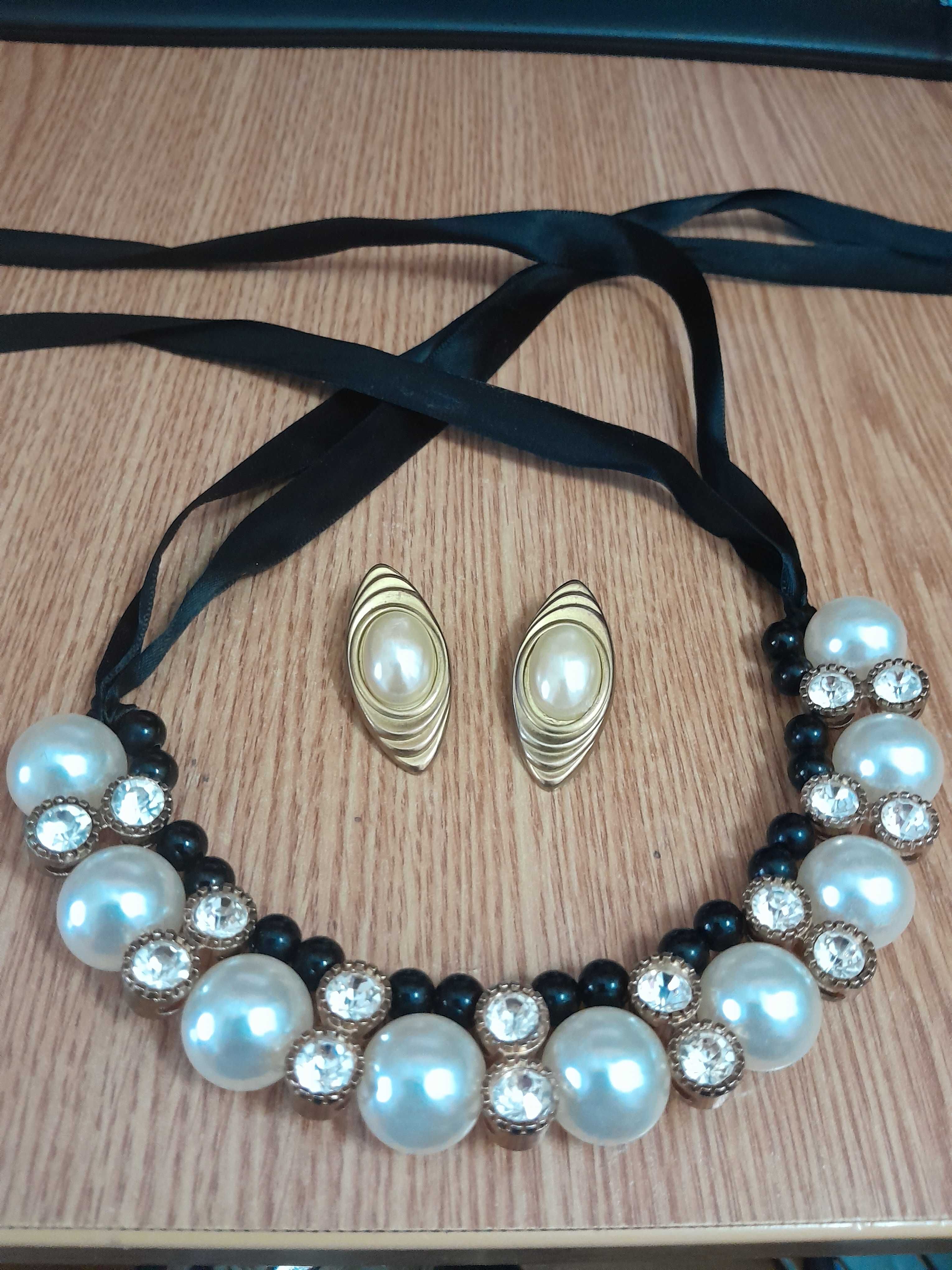 Set: colier fashion, cristale și perle pe șnur + cercei - metal galben
