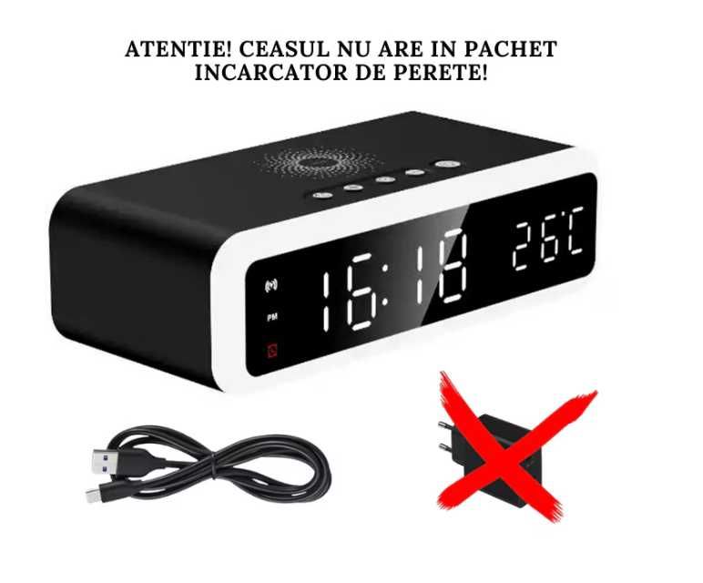 Ceas cu alarma digital, Lumina ambientala, Incarcare wireless, Negru