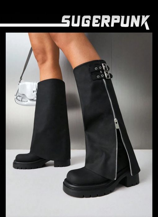 Дамски ботуши черни,кожа с цип