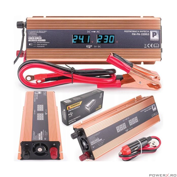 Convertor de tensiune auto, invertor tensiune LCD 24V 2200 W, Powermat