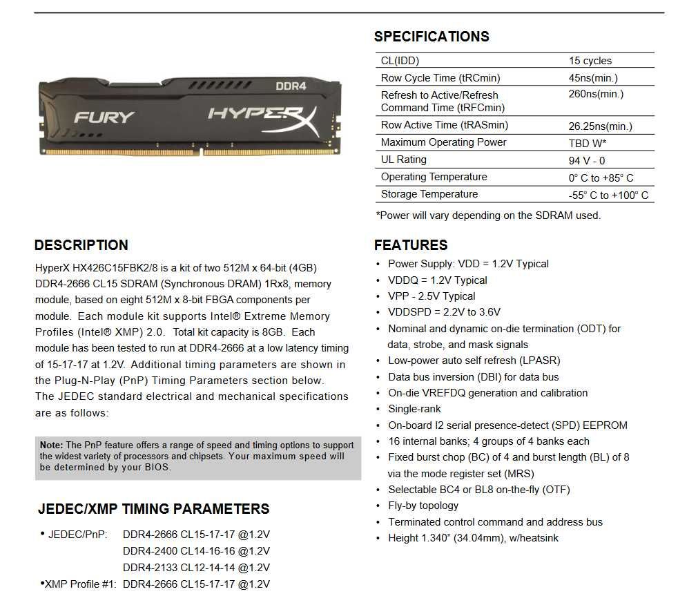 Kit RAM Memorie HyperX Fury Black 8GB (2x4GB) DDR4 2666MHz CL15 1.2V