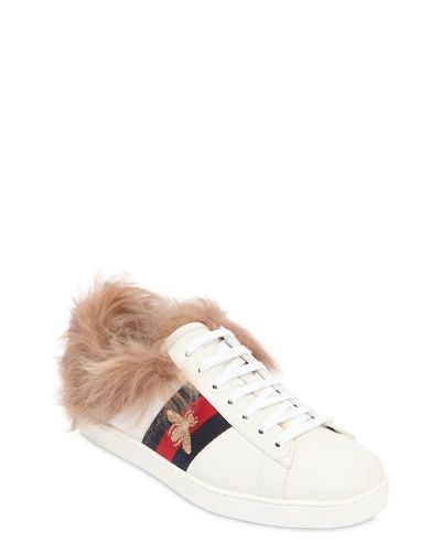 Sneakers Gucci White Leather & Fur Ace embroidered bee,produs original