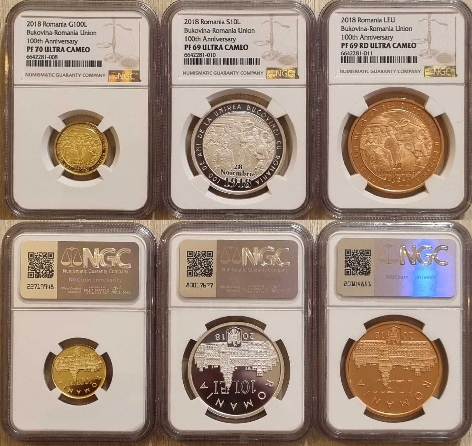 Set monede BNR, aur, argint, tombac unirea Bucovinei gradate NGC