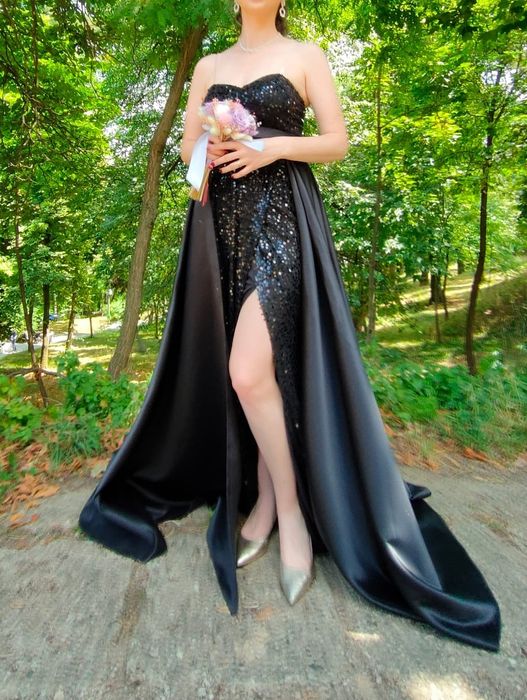 Trenă neagră din tafta grea, rochie nașă / de seara / deosebită