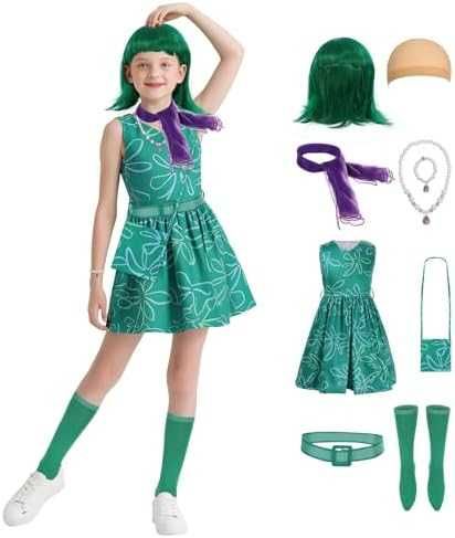 Нов Детски карнавален костюм Disgust Inside Out рокля с перука 9 части