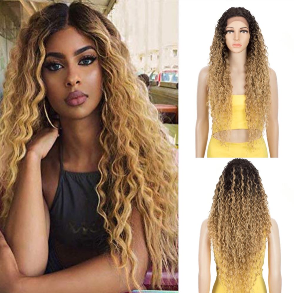 Peruca F14 FRONT LACE blonda Ombre creata ondulata afro bruneta volum