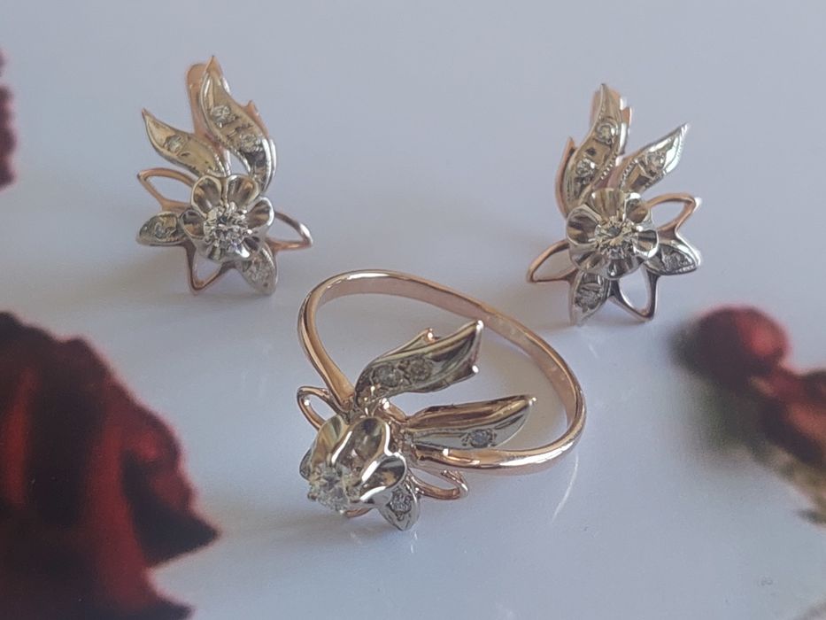 Золотые серьги,кольцо с бриллиантами 583