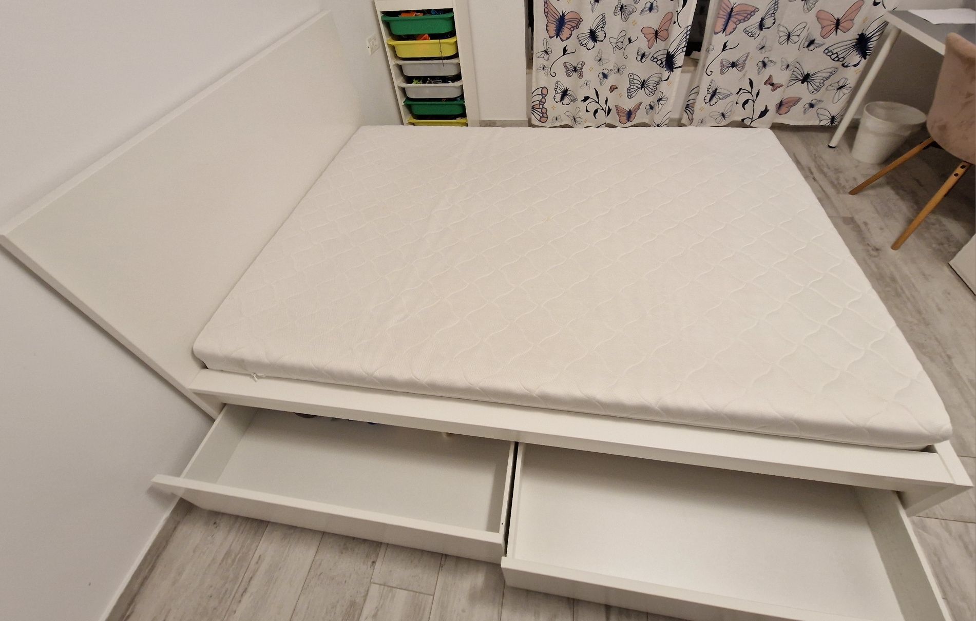 Pat inalt Ikea+4cutii depozitare,alb,140*200cm,