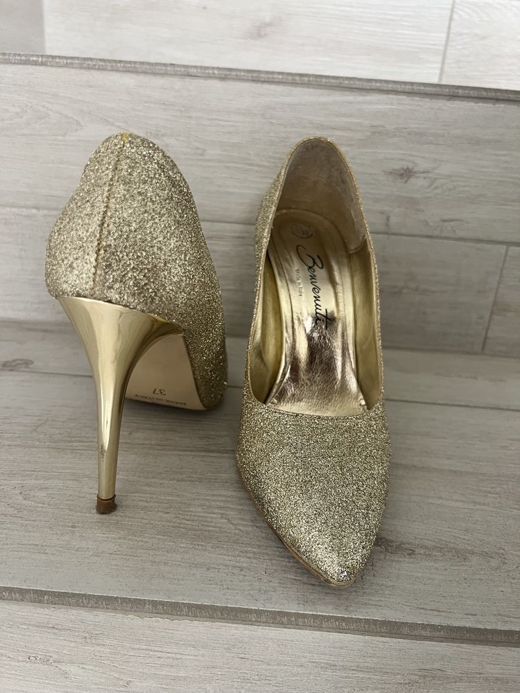 Pantofi aurii cu sclipici - toc 9 cm - marimea 37, Benvenuti