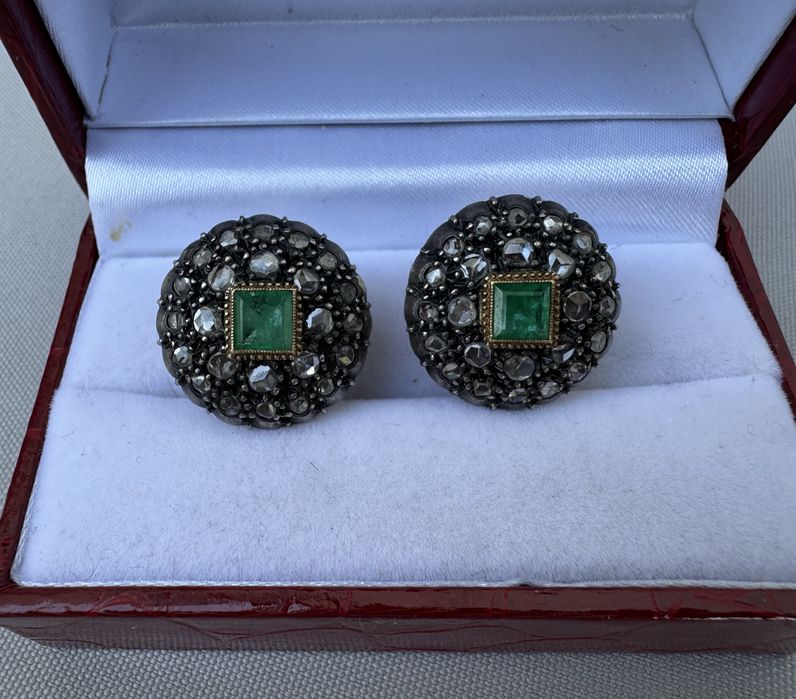 Cercei clips aur 14 k, argint, diamante si smarald