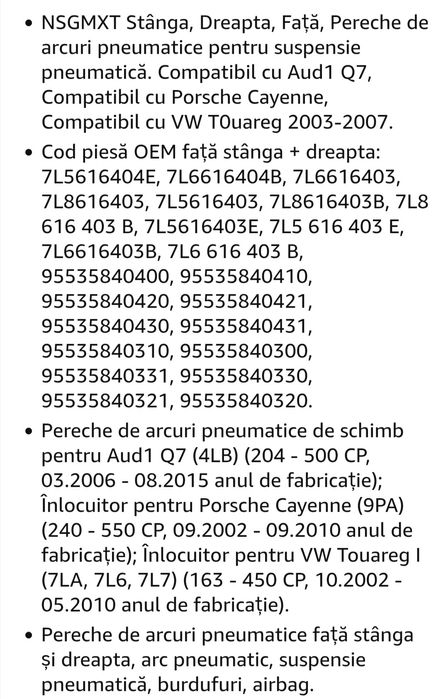 Set 2 perne aer fata Audi Q7, VW Touareg,

Cayenne