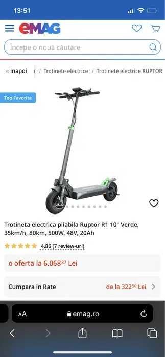 Trotineta electrica pliabila Ruptor R1 10" 45km/h, 80km,500W, 48V,20Ah