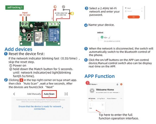 Tuya Smart WiFi+RF433 1-канално реле 7-32V, макс. 10А товар
