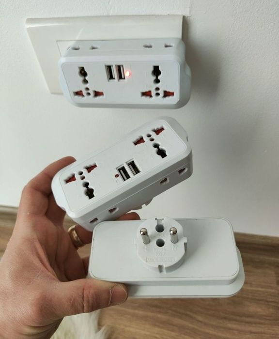 Priza Multipla UK AU EU 6 in1, 2 Port USB, 100-250V 10A/13A, Alb