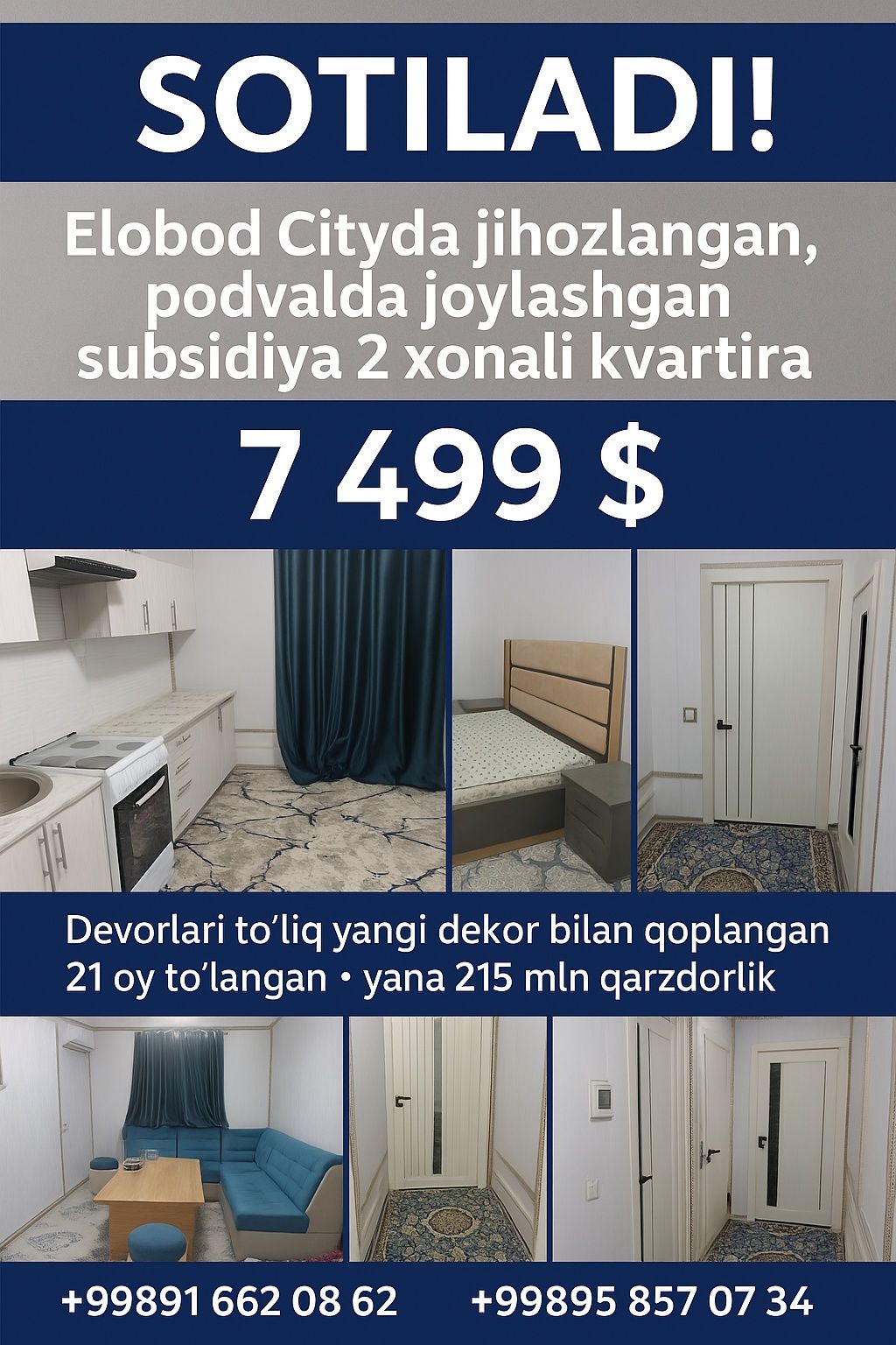 Elobod Cityda jihozlangan, subsidiyali 2 xonali kvartira sotiladi!