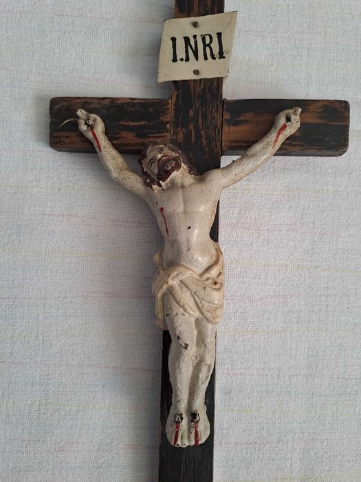 crucifix vechi lemn alama fonta 33 - 36 cm