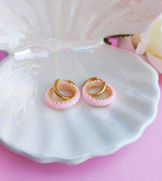 Ръчно изработени обеци халки с висулка от Японски мъниста, Стомана